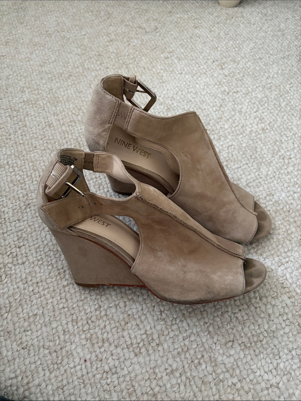 Nine West Taupe Suede Peep-Toe Wedge Sandals